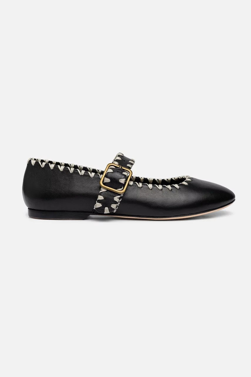 BLANKET STITCH LEATHER MARY JANE FLAT