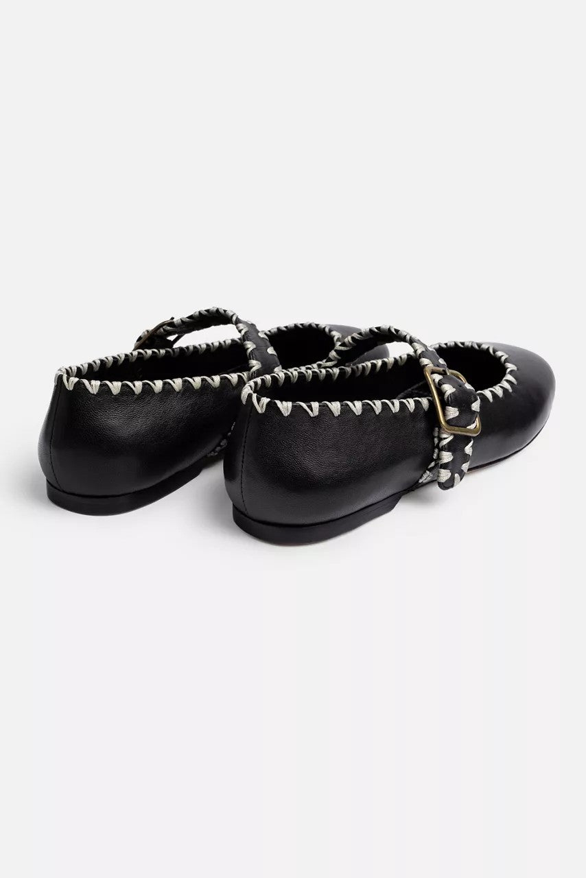 BLANKET STITCH LEATHER MARY JANE FLAT