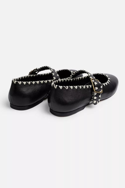 BLANKET STITCH LEATHER MARY JANE FLAT
