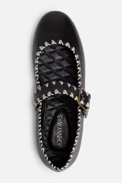 BLANKET STITCH LEATHER MARY JANE FLAT