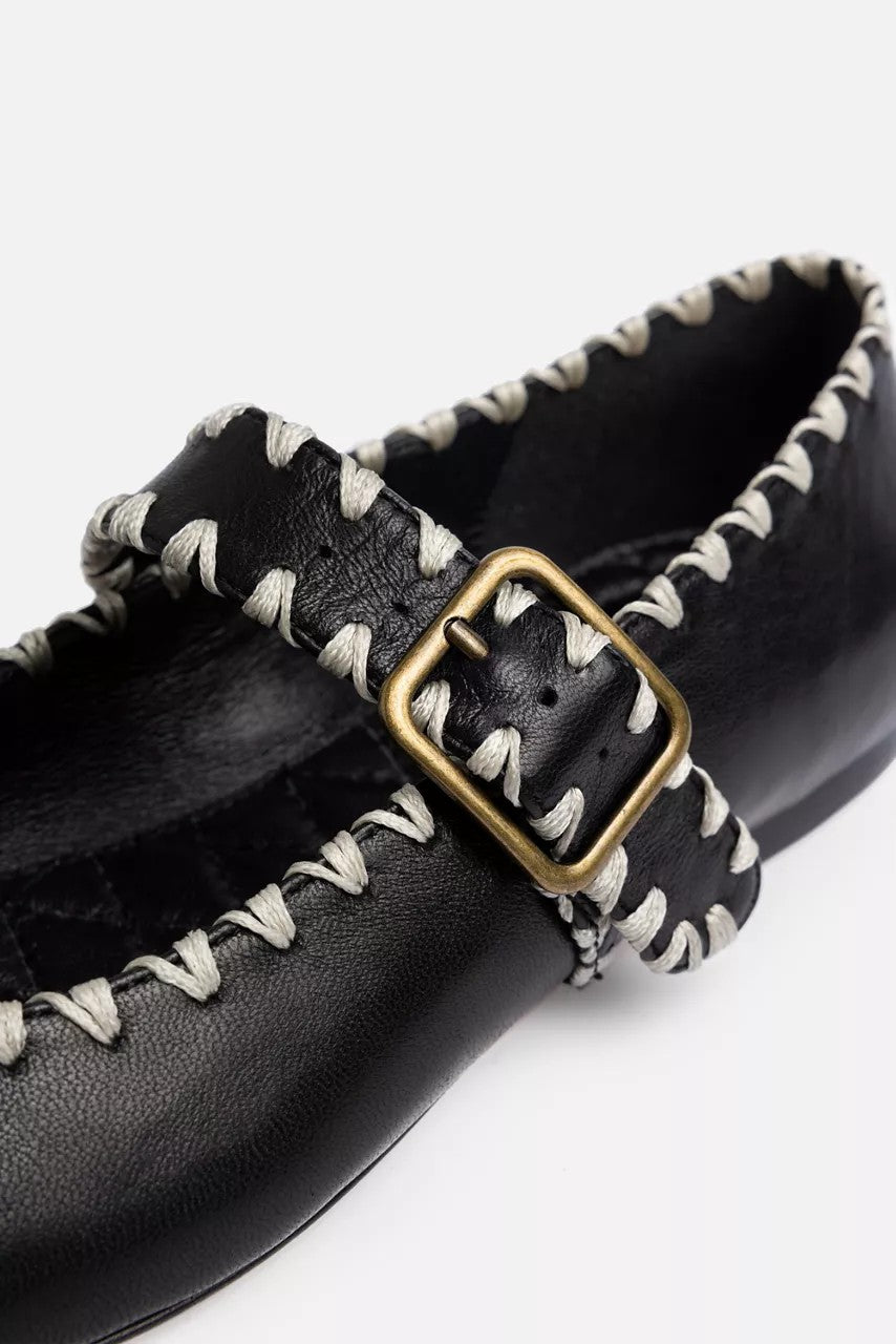 BLANKET STITCH LEATHER MARY JANE FLAT