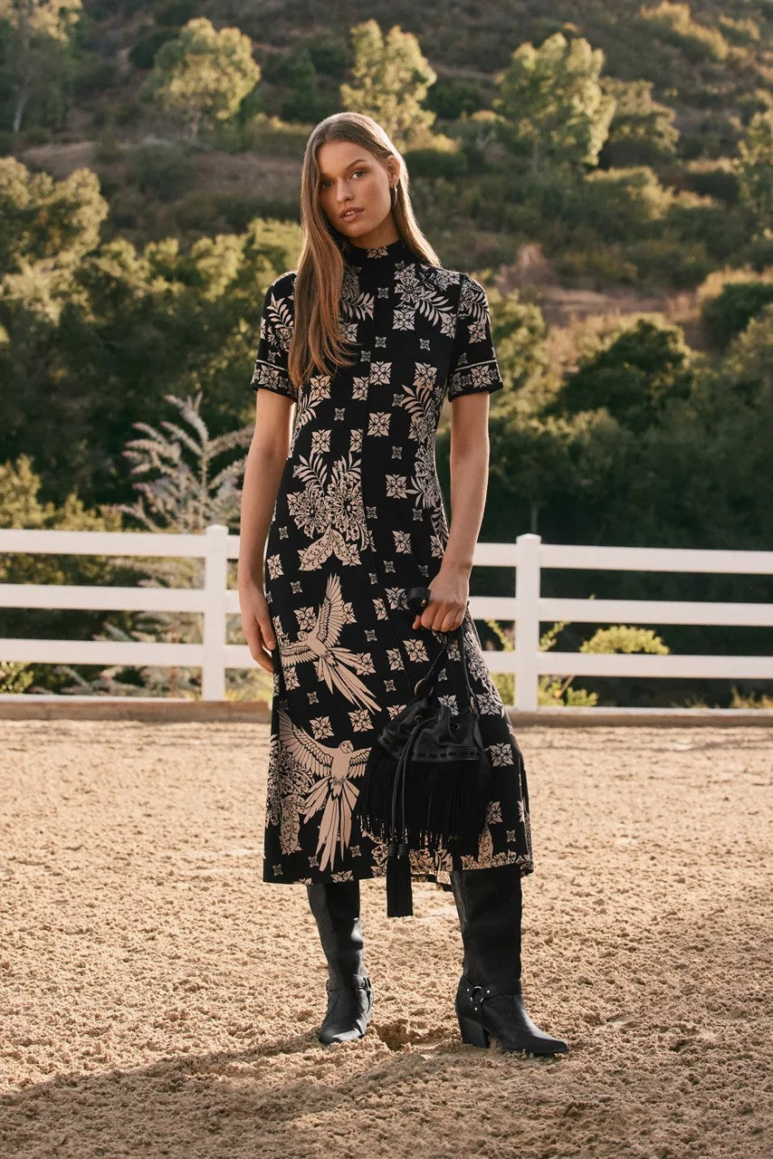 THE JANIE FAVORITE SHORT SLEEVE SEAMED MOCK NECK DRESS