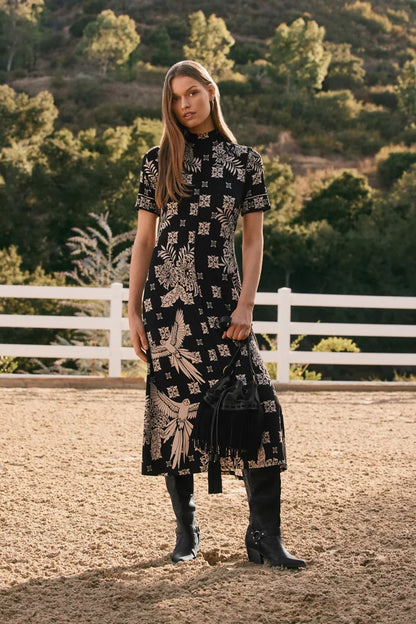 THE JANIE FAVORITE SHORT SLEEVE SEAMED MOCK NECK DRESS